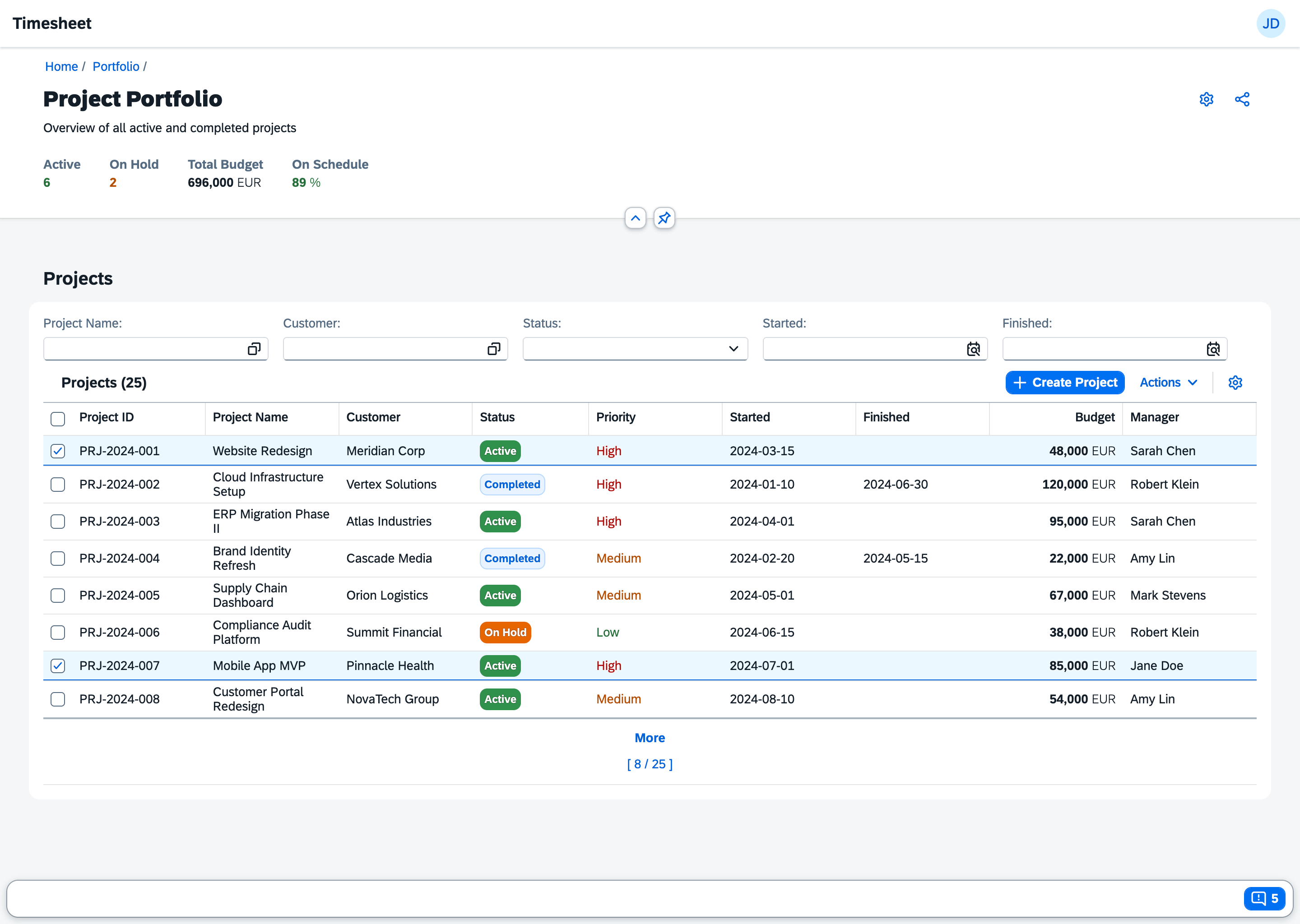 Actions menu dropdown