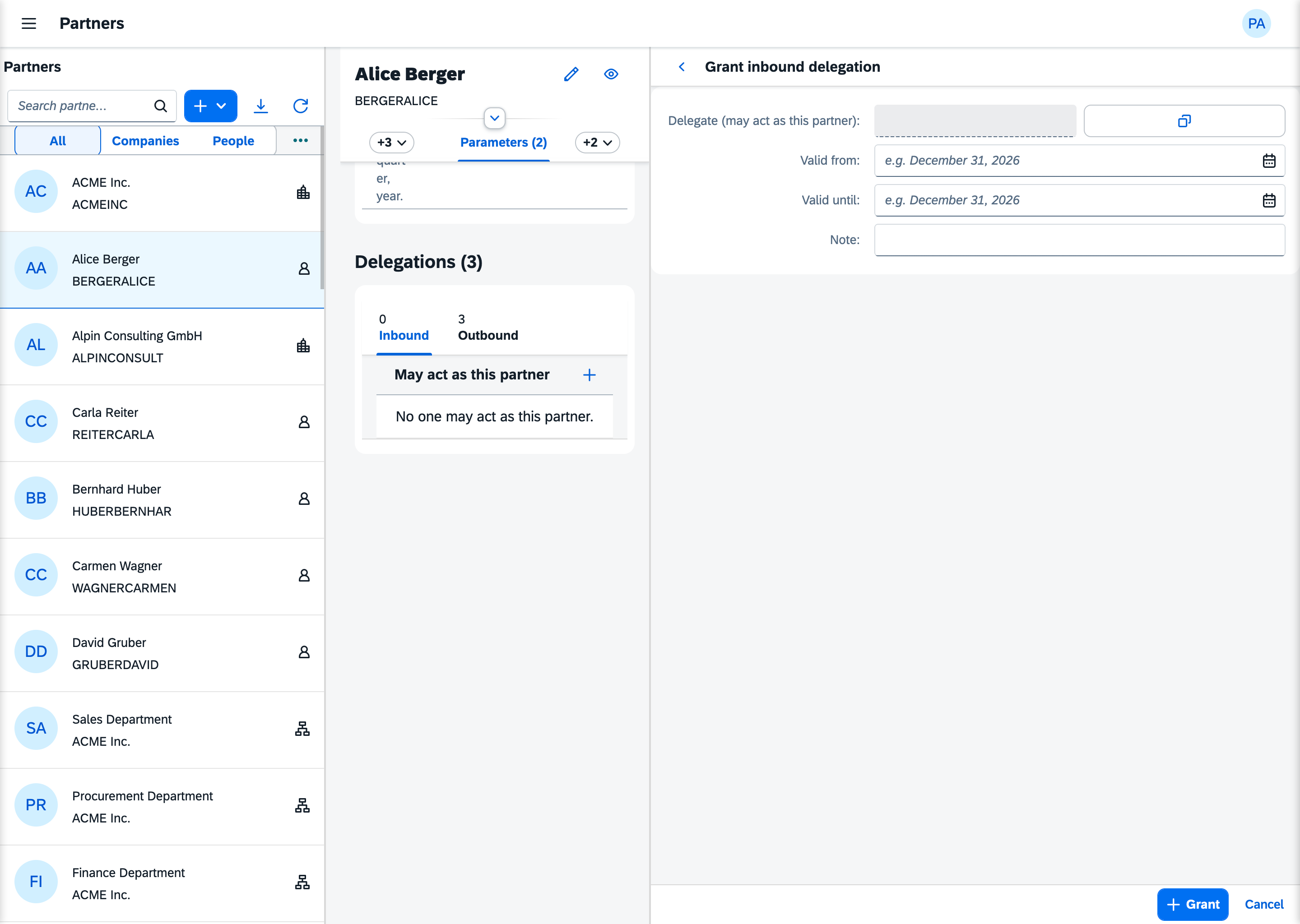 The Partners app's Delegations tab, with the form for granting one partner the right to act as another for a bounded period.