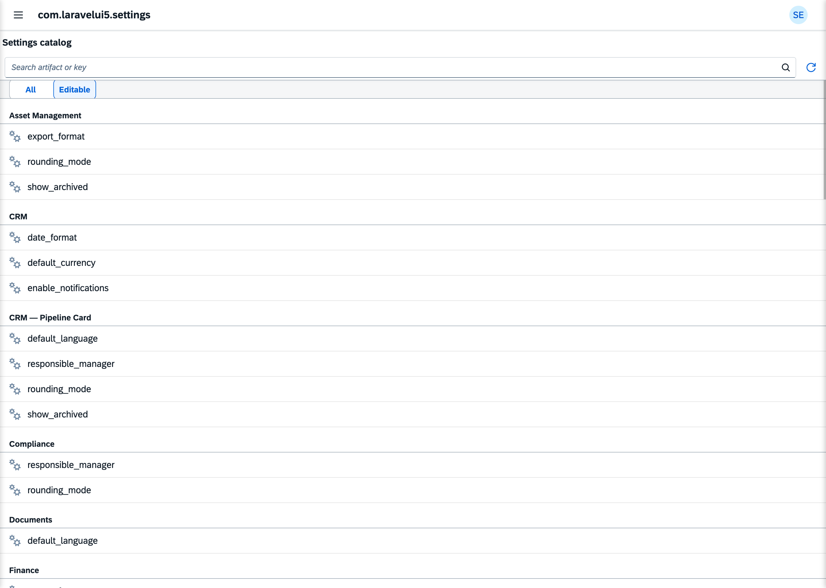 The settings catalog, grouped by the artifact that declares each setting, with an All/Editable filter.