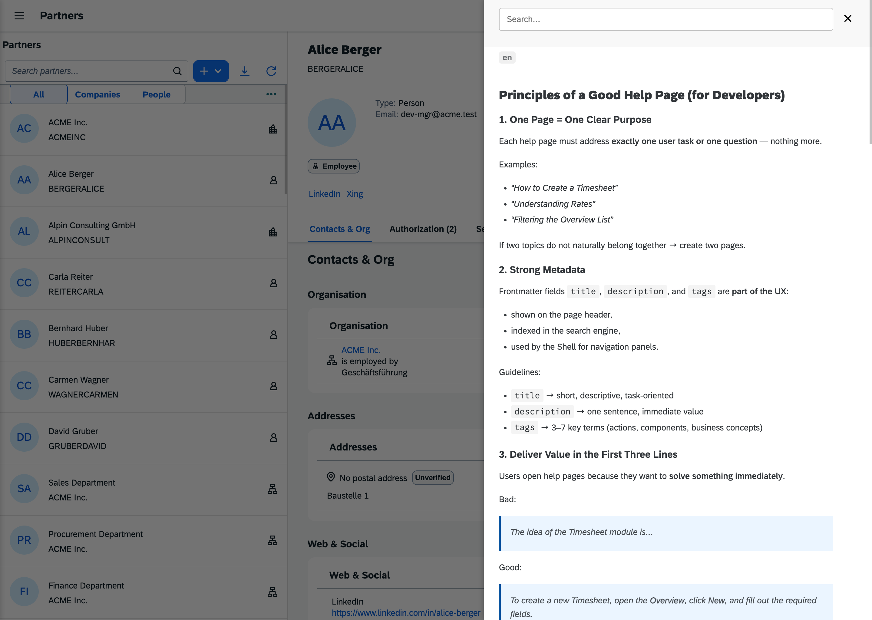 The help panel open beside the Partners app, with a search field, the locale chip and a rendered help topic.